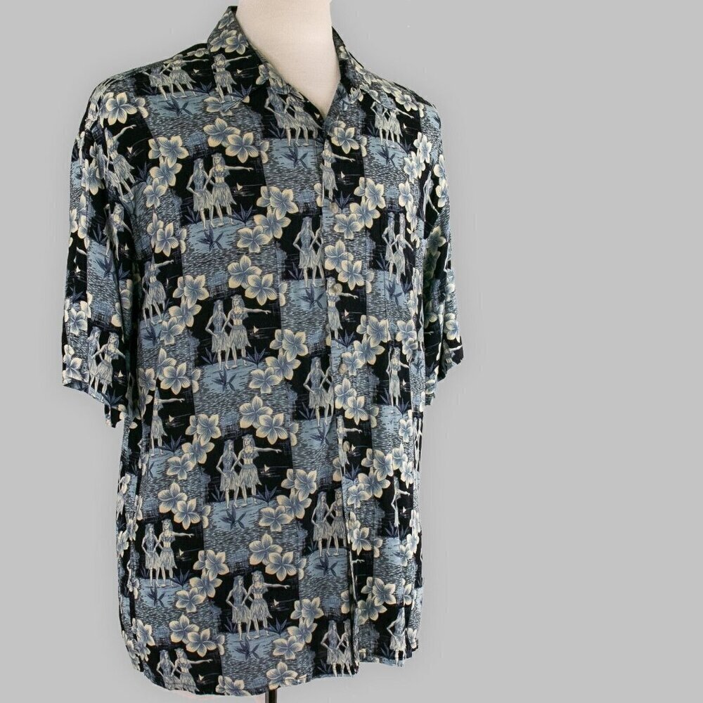 Vintage LORD & TAYLOR Aloha Camp Shirt Mens L Blue Rayon Hawaiian Hula Dancers